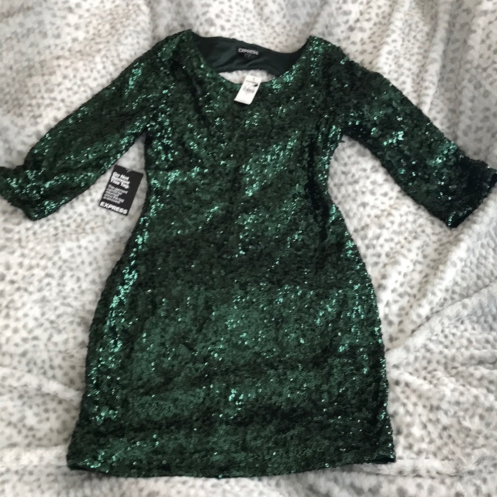 Green sequined dress, 3/4 sleeve length size 4